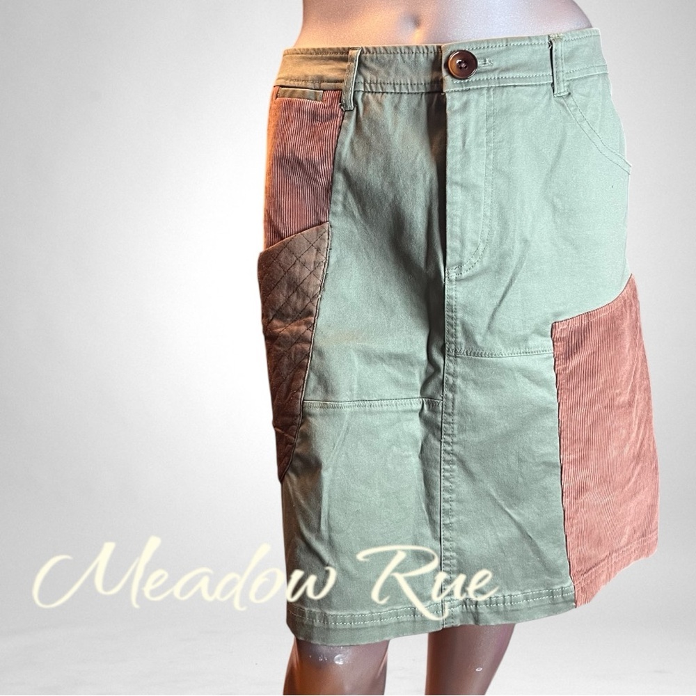 Meadow Rue Anthropologie Green Brown A-Line Patchwork Quilted Pocket Skirt Sz 4 - Picture 2 of 9